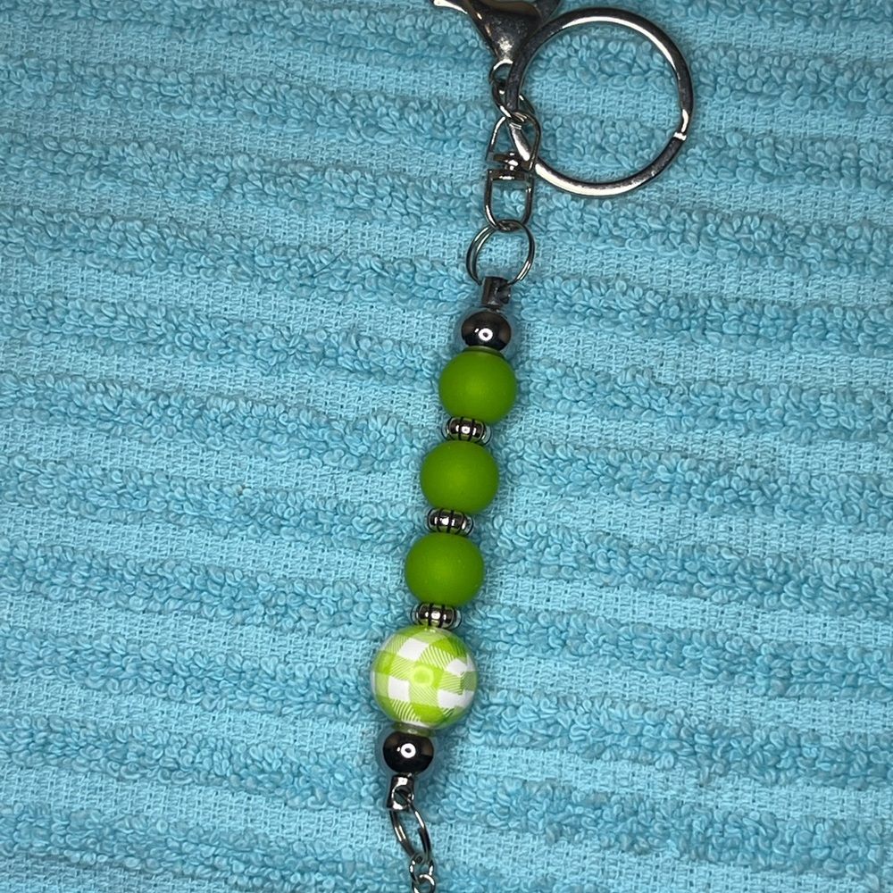 Green Beaded Keychain with Silver Accents